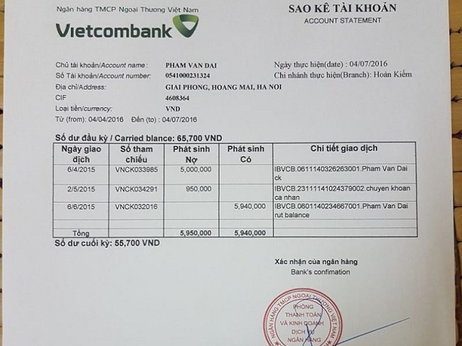 Cách sao kê online Vietcombank trên app