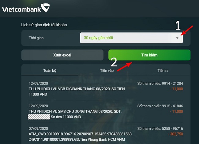 Cách sao kê online Vietcombank trên app