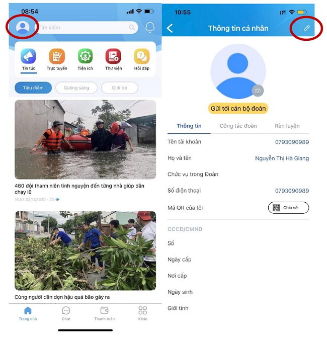 Cách xóa sửa thông tin trên app web Thanh Niên Việt Nam điền bị sai